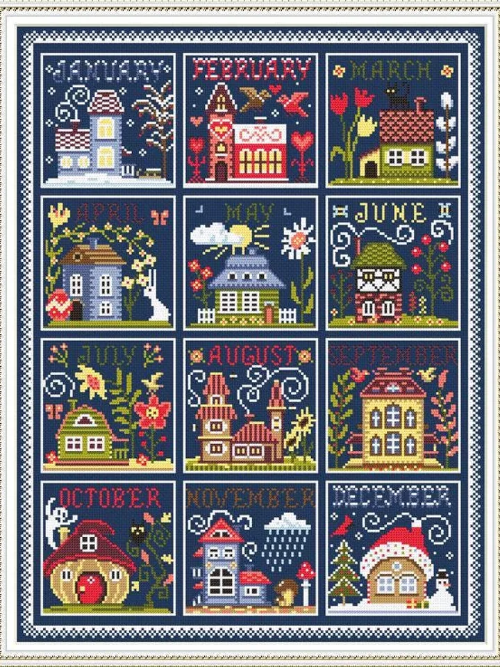 House calendar cross stitch pattern PDF download House seasons cross stitch chart, Cute house pattern digital PDF, Holiday cross stitch #T38