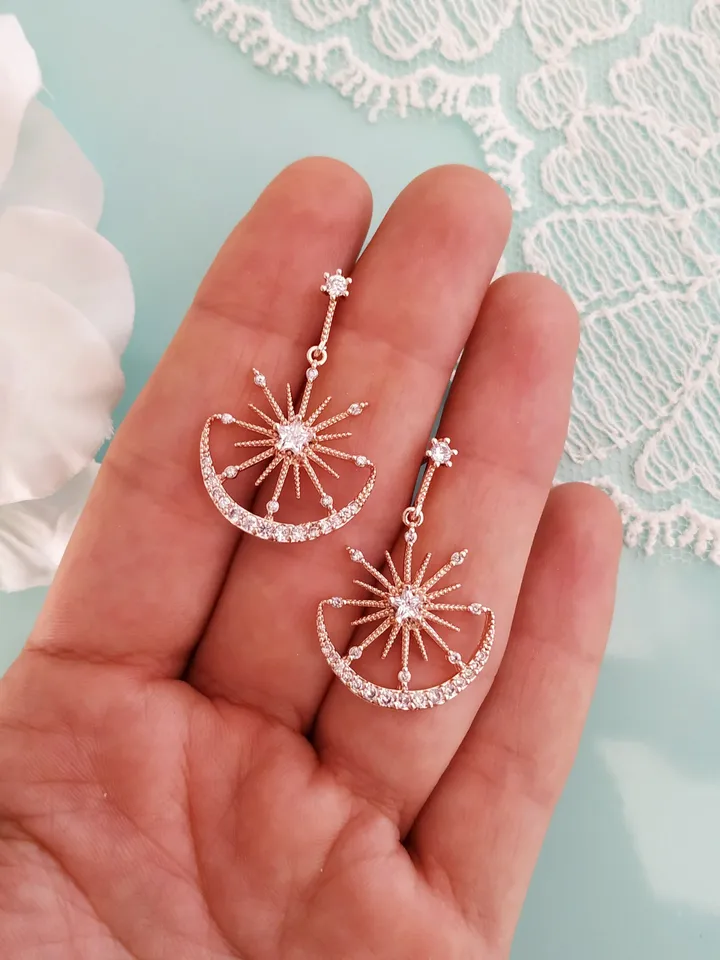Rose Gold Moon and Star Hoop Wedding Earrings, Celestial Boho Bridal Earrings, Bridesmaid Gift, Dangle Earrings Bohemian Jewelry, Jewellery