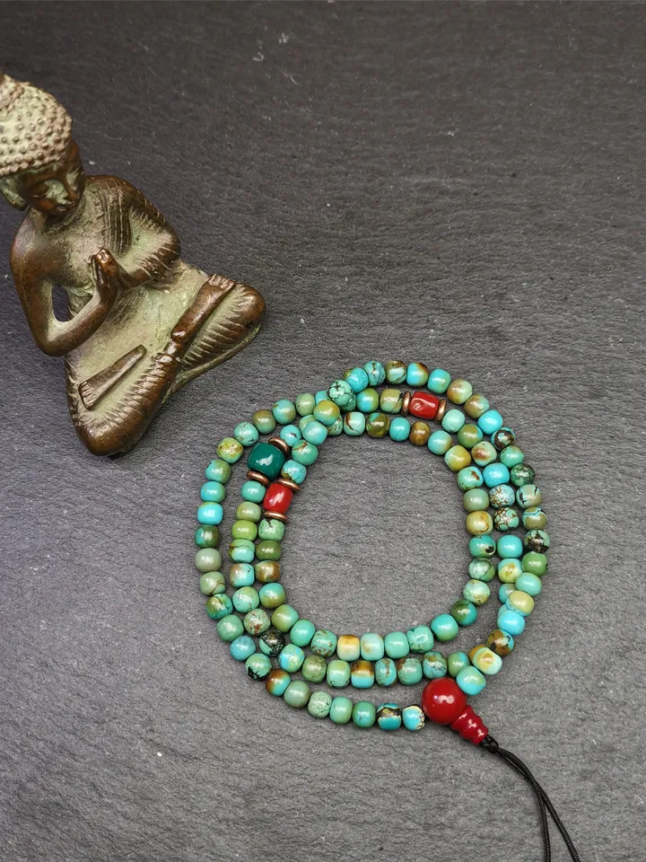 Gandhanra Old 108 Turquoise Beads Necklace Mala,Tibetan Prayer Beads for Meditation Practice ,Diameter 0.23", Circumference 24 inches