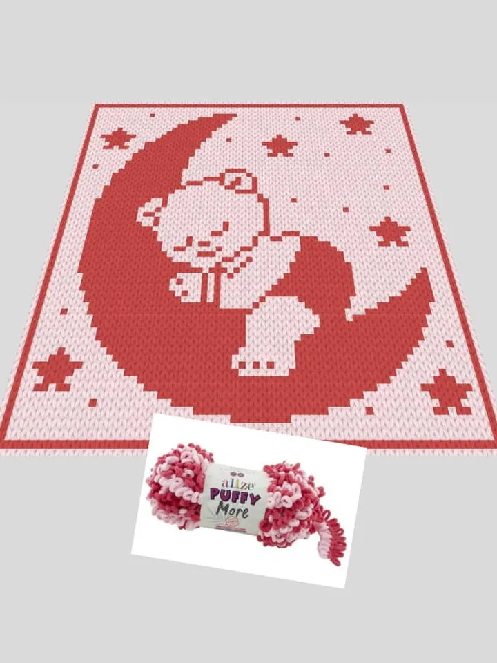 Loop yarn Finger knitted Bear on the Moon baby blanket pattern PDF