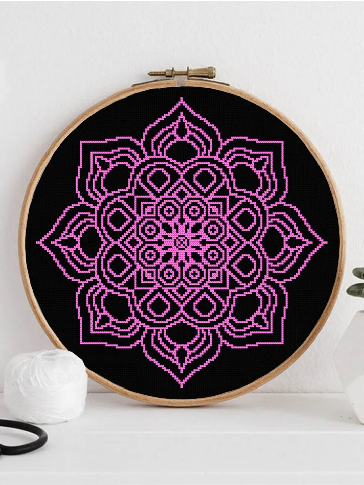 Mandala cross stitch pattern download PDF, Modern mandala ornament cross stitch chart, Monochrome geometric pattern hand embroidery PDF #M42