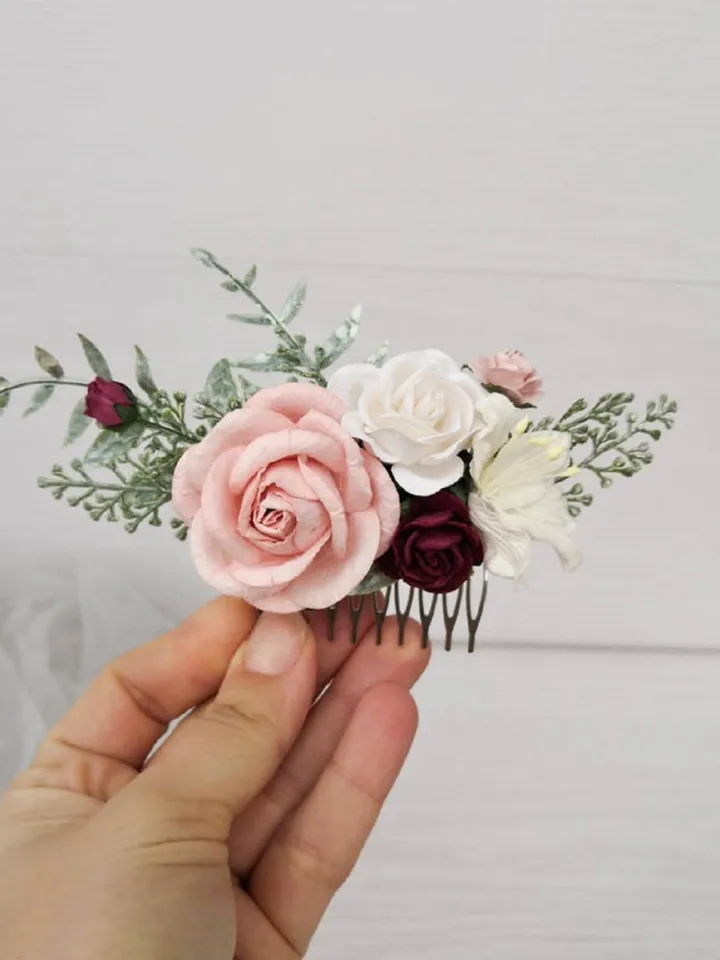 Blush Burgundy flower hair comb, Bridesmaid hair piece, Bridal hair comb, Wedding hair comb, Blush rose hair