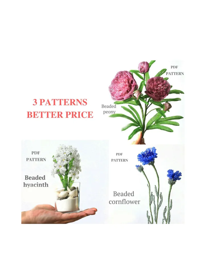 Beaded peony, hyacinth, cornflower | Beaded Flowers pattern | Seed bead patterns | Beadwork pattern