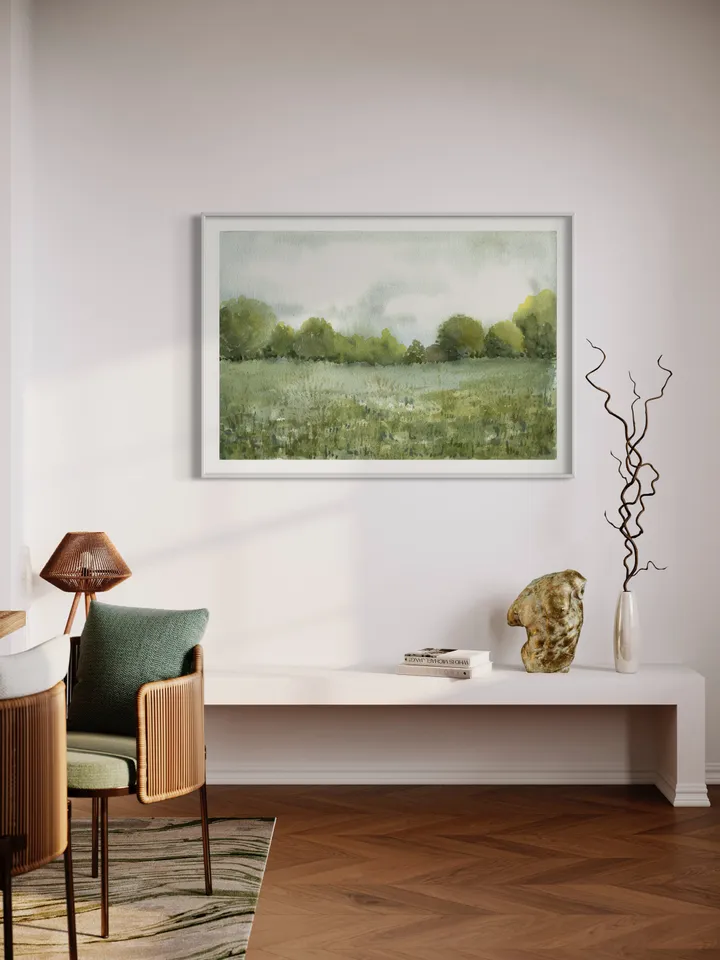 Neutral Landscape Watercolor Painting, Vintage Field Print, Country Landscape, Farmhouse Landscape, Home Decor Gift, Impressionist Art Print