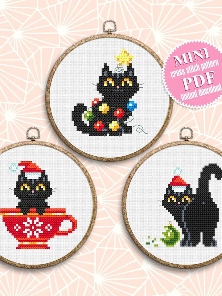 Set Christmas cats cross stitch pattern download PDF, Cute black cat embroidery PDF, Christmas cross stitch chart, Funny home cat decor #N77