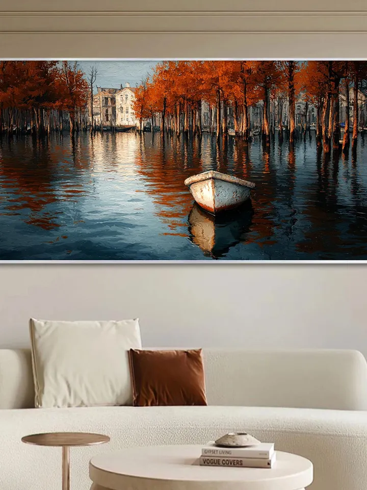Canal Oil Painting, Autumn Scene Large Wall Art, Boat Painting, Fall Colors Artwork, Cityscape Art, Original Painting, Water Reflection Art