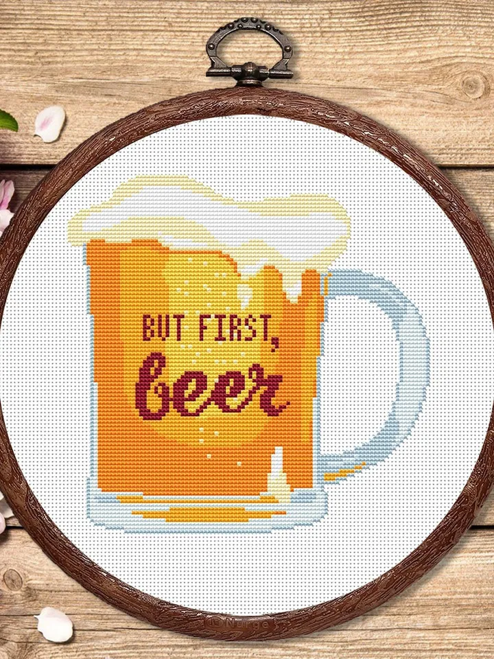 Set of 2 But First Beer Cross Stitch Pattern, Kitchen Cross Stitch, Embroidery Beer, But First Wine Pattern, Modern Cross Stitch #kt009