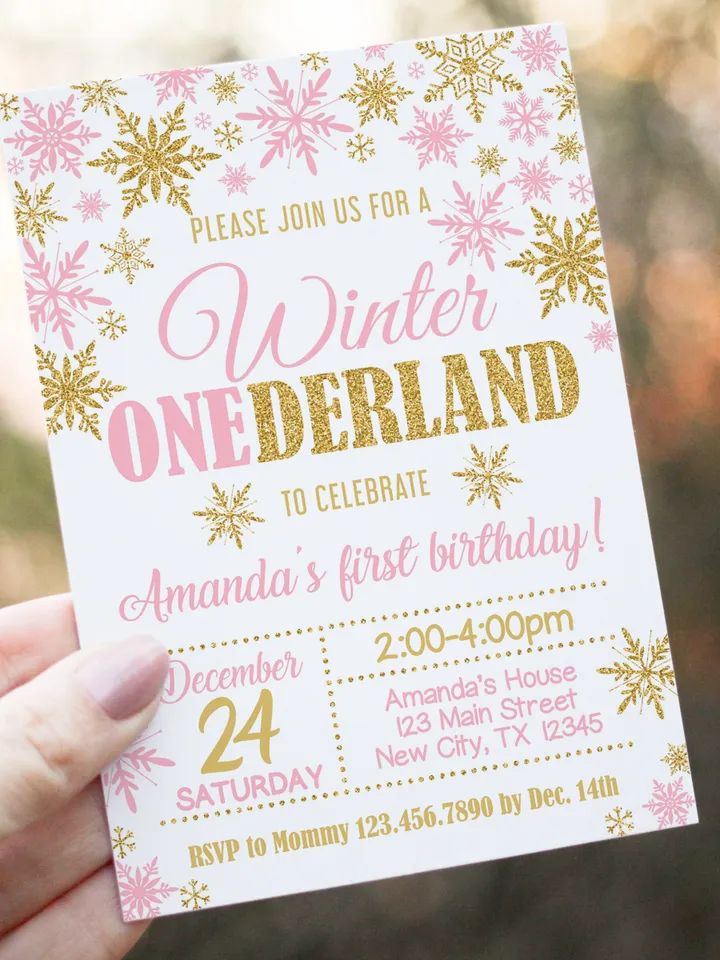 Winter Onederland Invitation Girl 1st Birthday Invitation, Winter Wonderland Birthday Invitation, Pink Gold Snowflake Editable Template