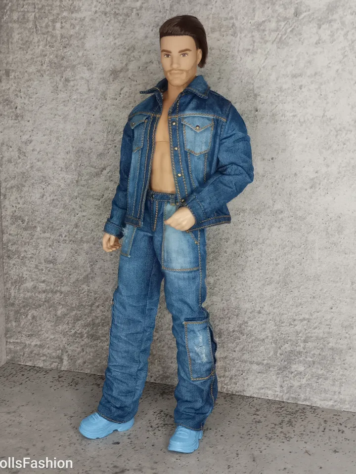 Ken's Distressed Denim Jacket and Cargo Jeans with Large Patch Pockets (for Ken with an athletic body)