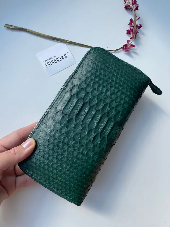 Python Wallet Dark Green | Genuine Python Skin Green Bottle Color Wallet Unissex | Calssy Elegant Python Genuine Leather Wallet Handmade New