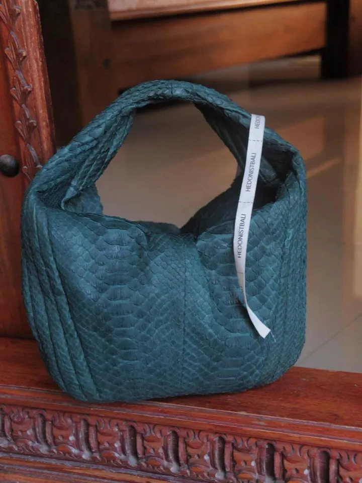 Medium Soft Hobo Classy Sport Woman Stitched Bag | Purse Genuine Python Skin | Dewi Green Big Elegant Leather Designer Soft Bag Snake |
