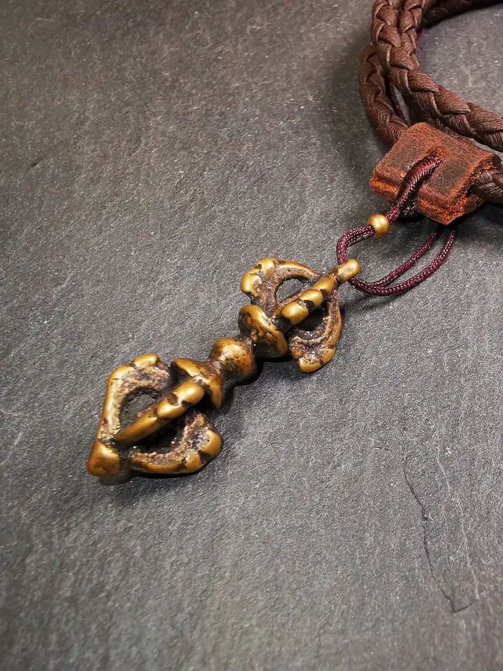 Gandhanra Tibetan Buddhist Amulet,Dorje Vajra Pendant with Leather Chord,Made of Brass,1.5"