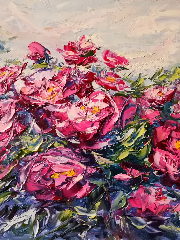 Oil Painting Peony Flowers Bushes Landscape Impasto Original Artist Svinar Oksana