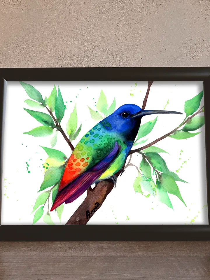 Colorful Hummingbird original watercolor, bird on the branch painting, colibri portrait room decor, 8x11 in wall art for bird lovers handmade by Anne Gorywine