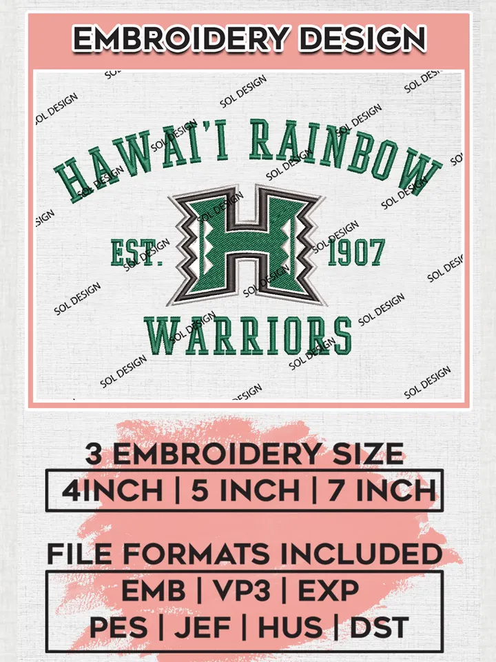 NCAA Hawaii Rainbow Warriors Team Est 1907 Logo Embroidery Design Files, NCAA Hawaii Rainbow Warriors Machine Embroidery, NCAA Teams, Game Day, 3 sizes, NCAA Machine embroidery designs, Digital Download