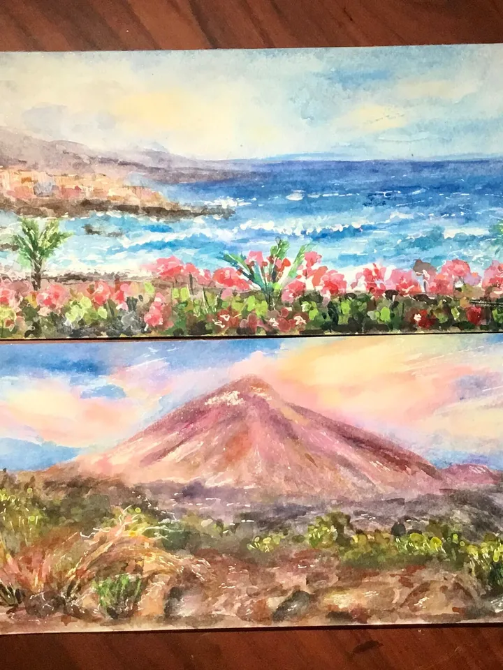 Tenerife,Canarias original watercolor panoramic painting,Teide mountain,Puerto de la Cruz beach,holiday islands memory,unique handmade gift.
