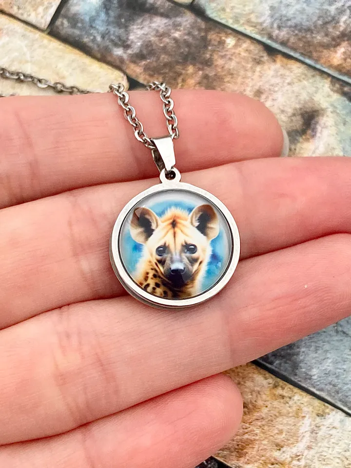 Hiene necklace, steel pendant with glass, Hiene lover gift