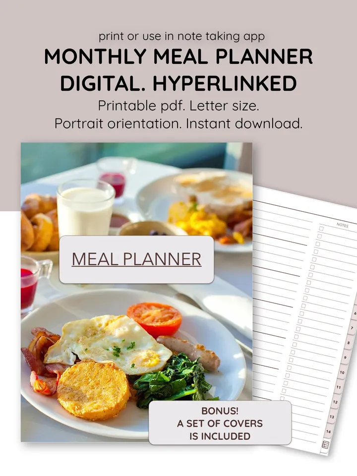 Digital Meal planner. Food diary. Weekly meal journal. Grocery list. Printable meal plan. Hyperlinked Recipe Planner