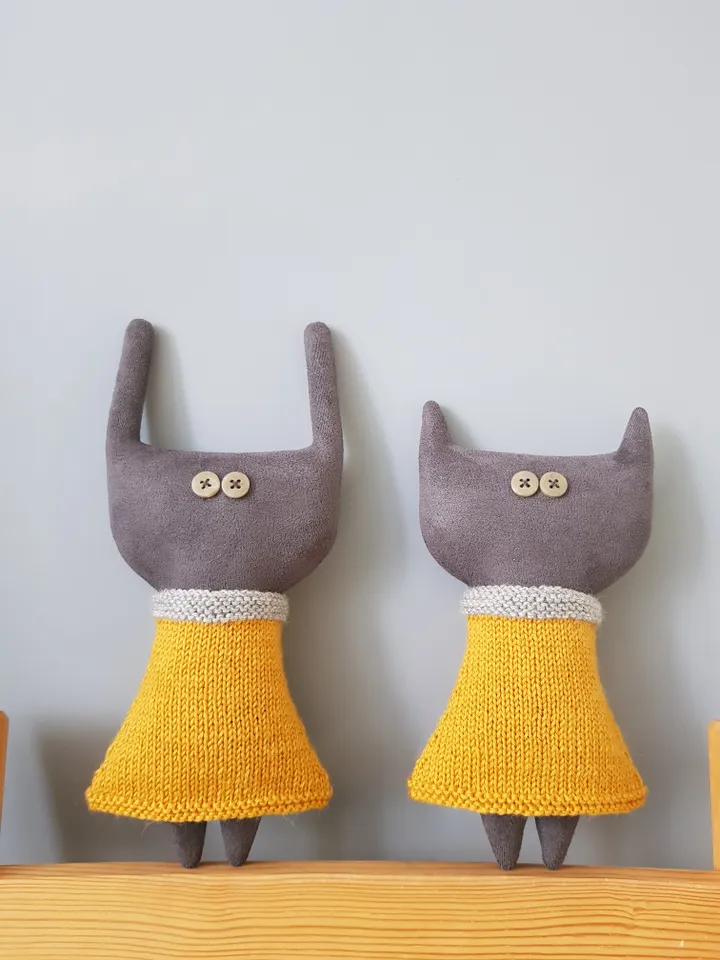 Stuffed animals sewing and knitting patterns PDF, Cat and Rabbit in Dresses, set of 2 tutorials in English, rag doll diy
