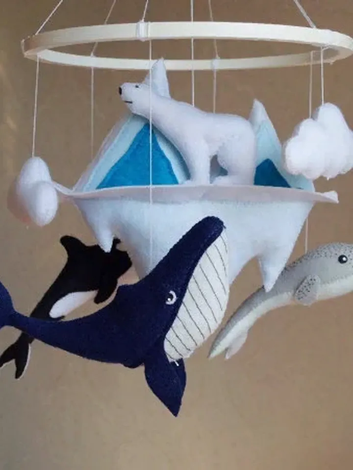 Ocean whales mobile, narwhal and orca whale, crib toy for ocean nursery