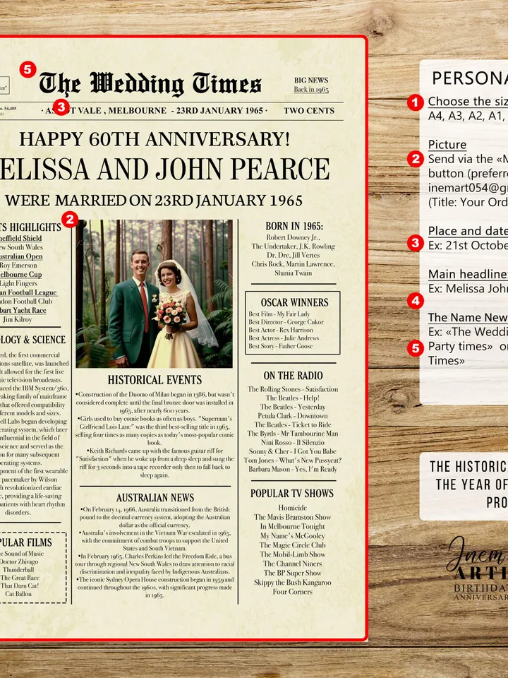 60th diamond wedding anniversary gift for parents 1965 australian newspaper poster printable the wedding times 60 year keepsake card