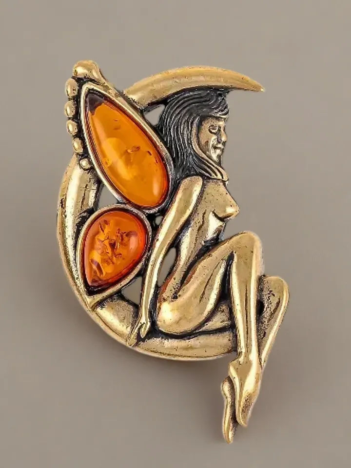 Fairy on Moon Brooch Jewelry for Women Unique Handmade Brooch Gold Brass Burnt Orange Baltic Amber star Jewelry Vintage