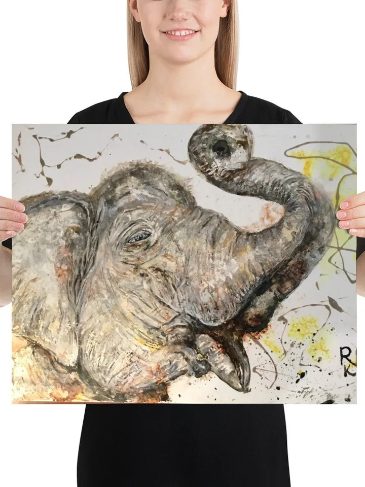 White Elephant Poster made with my original watercolour mix media painting on yupo paper,unique handmade artwork,home decoration.