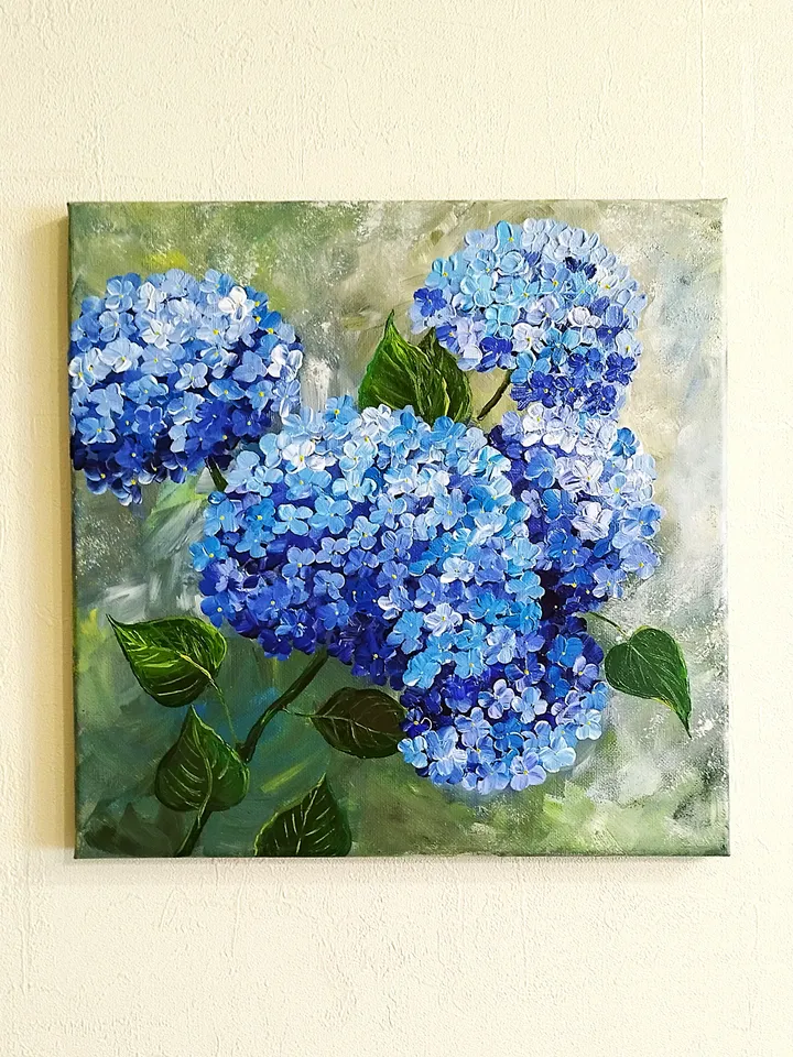 Blue Hydrangea Painting Art Impasto Flowers Artwork