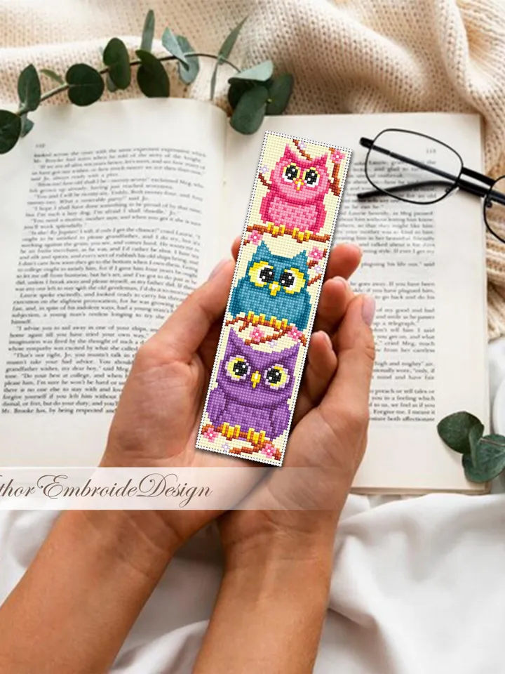 Owl bookmark cross stitch pattern PDF download Funny birds cross stitch chart, Cute bookmark pattern digital PDF, Book lover gift #B418
