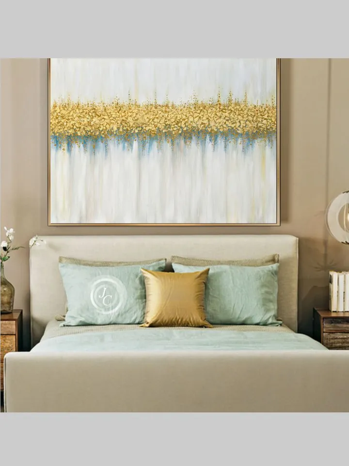 Gold and White Abstract Wall Art Gold leaf Oil Painting on Canvas Abstract painting Above bed decor