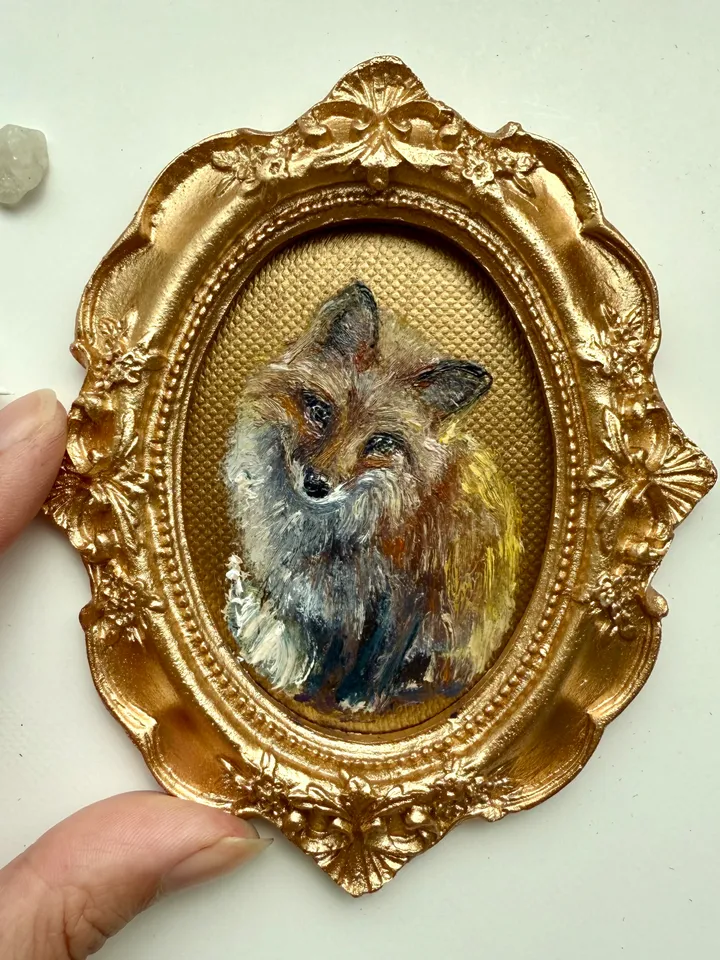 Framed Fox Oil Painting Original Wild Animals Art Cute Fox Painting Gold Frame Victorian Painting