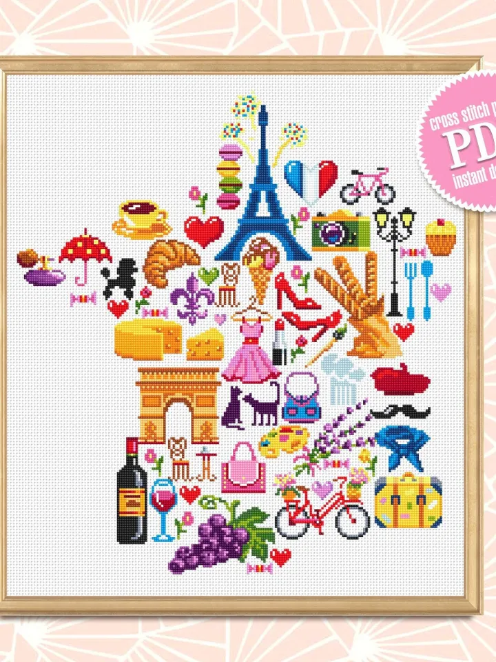 France map cross stitch pattern PDF download French sampler cross stitch chart, France pattern digital PDF, Paris cross stitch #E7