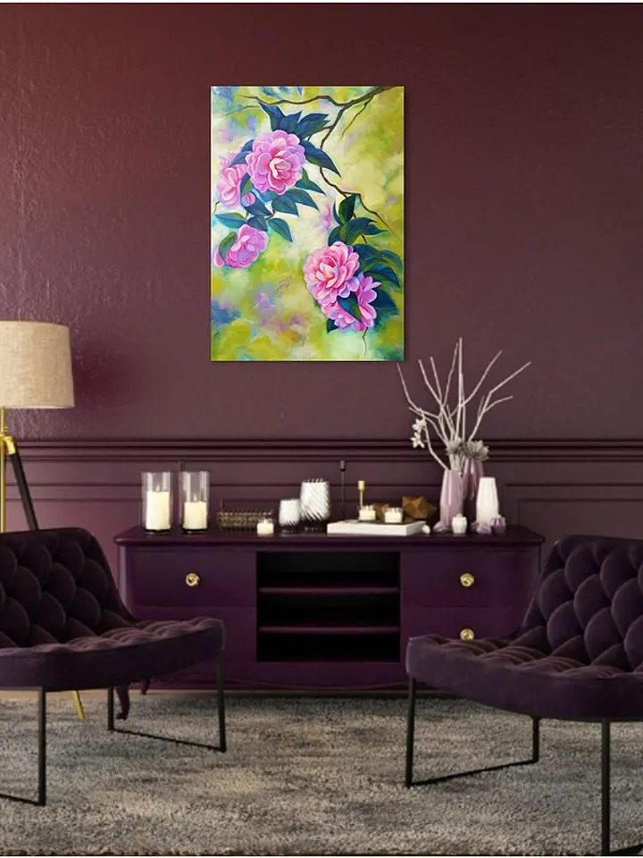 Blossom Camellia Painting Floral Original Art Flower Oil Painting Canvas Art