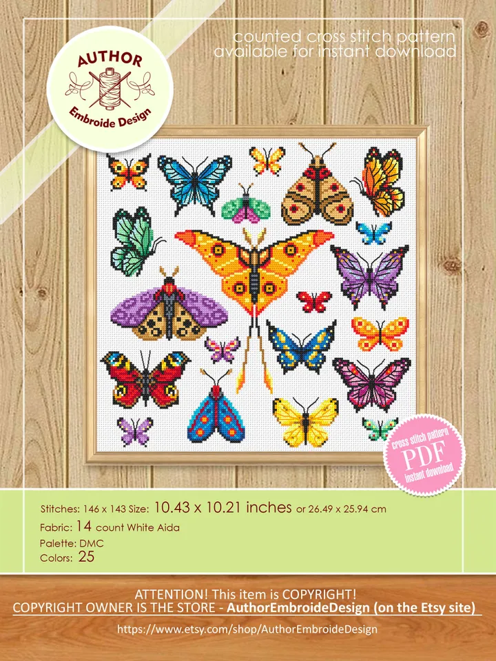 Butterfly cross stitch pattern PDF download, Sampler Butterflies cross stitch chart, Small moth cross stitch, Simple butterfly ornament #K35