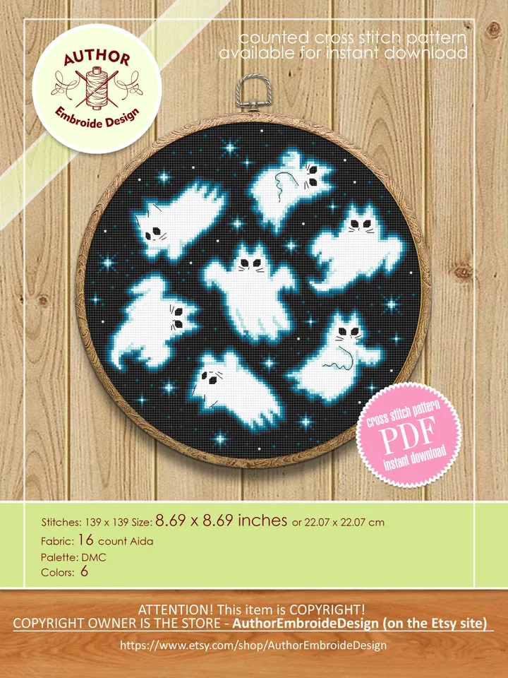 Ghost cat cross stitch pattern PDF download Funny cat ghost cross stitch chart, Halloween embroidery decor, Halloween Cat for cat lover #H66