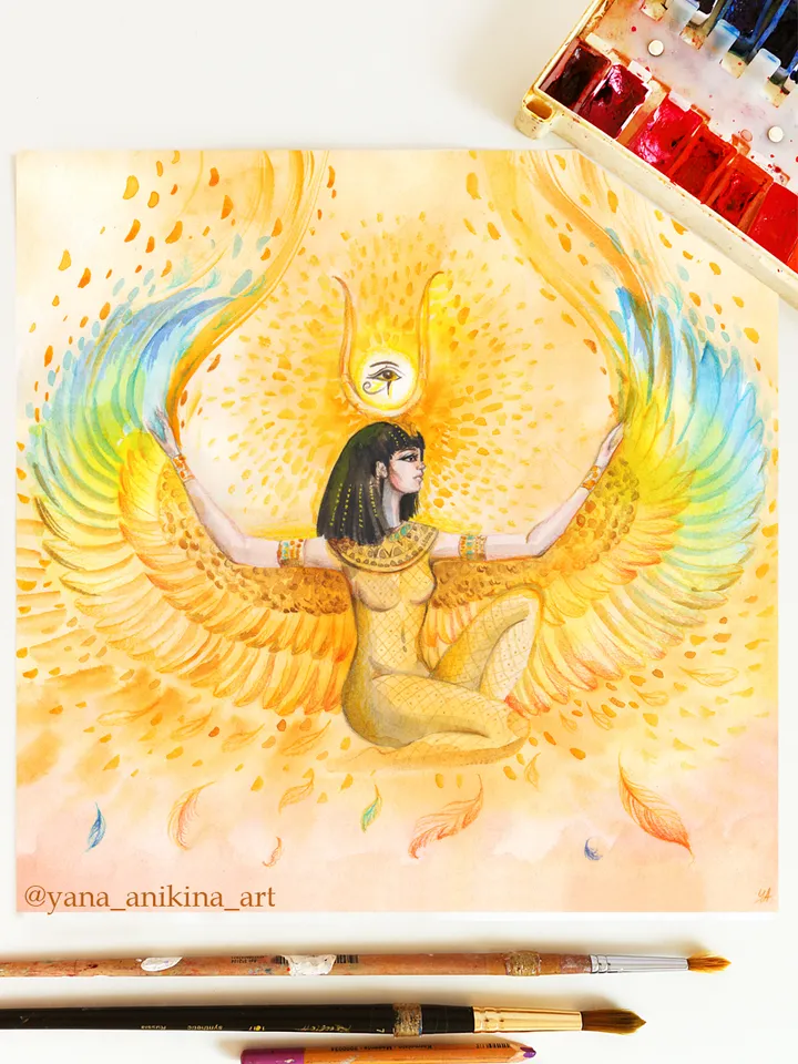Isis Goddess Painting Egyptian Goddess Isis Art Original Watercolor Egyptian Gods Artwork. MADE TO ORDER
