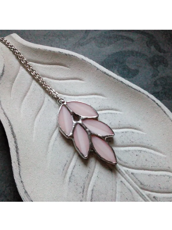 Glass spike necklace, Stained glass necklace, Leaves art deco necklace, Leaf branch pendant, Elven fairy jewelry