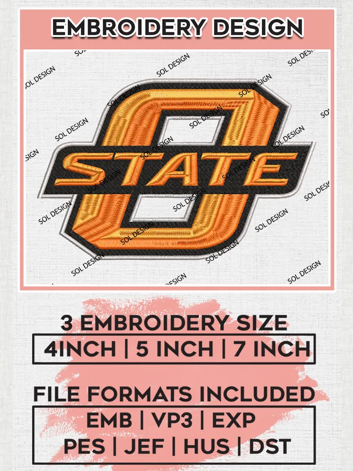 NCAA Oklahoma State Team Logo Embroidery Design Files, NCAA Oklahoma State Cowboys Machine Embroidery, NCAA Teams, 3 sizes, NCAA Machine embroidery designs, Digital Download