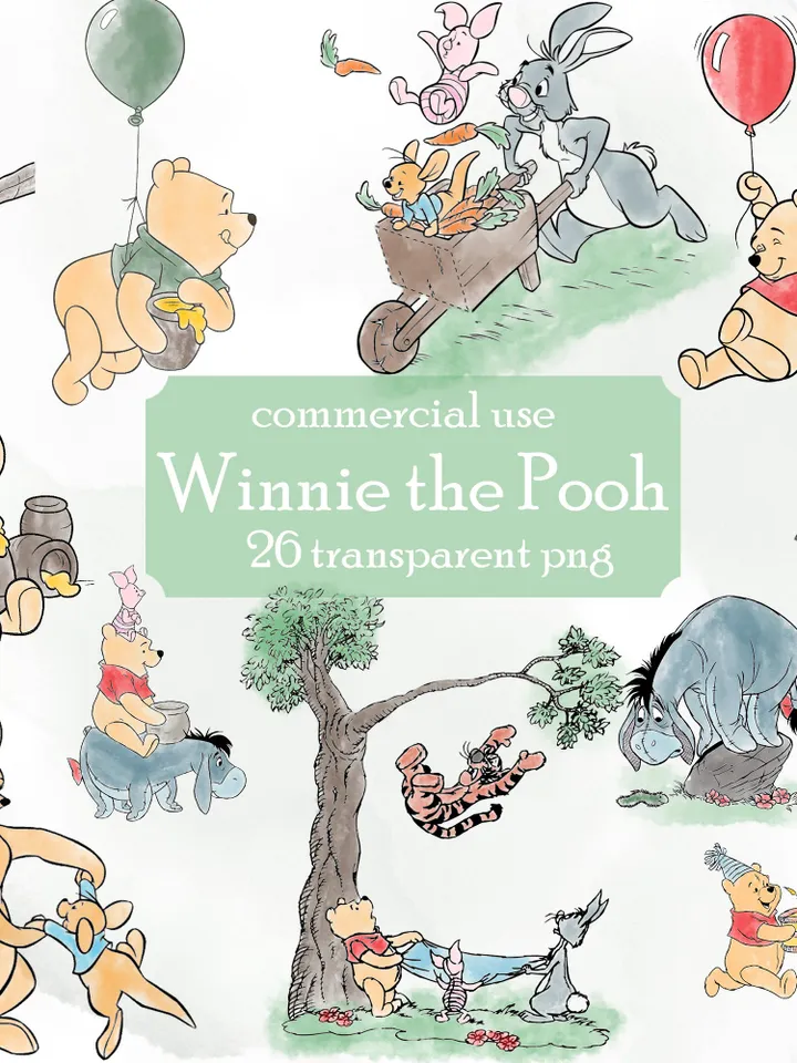 Winnie the Pooh clip art png watercolor; COMMERCIAL USE; Pooh Baby shower; Winnie Pooh Birthday scrapbooking stickers