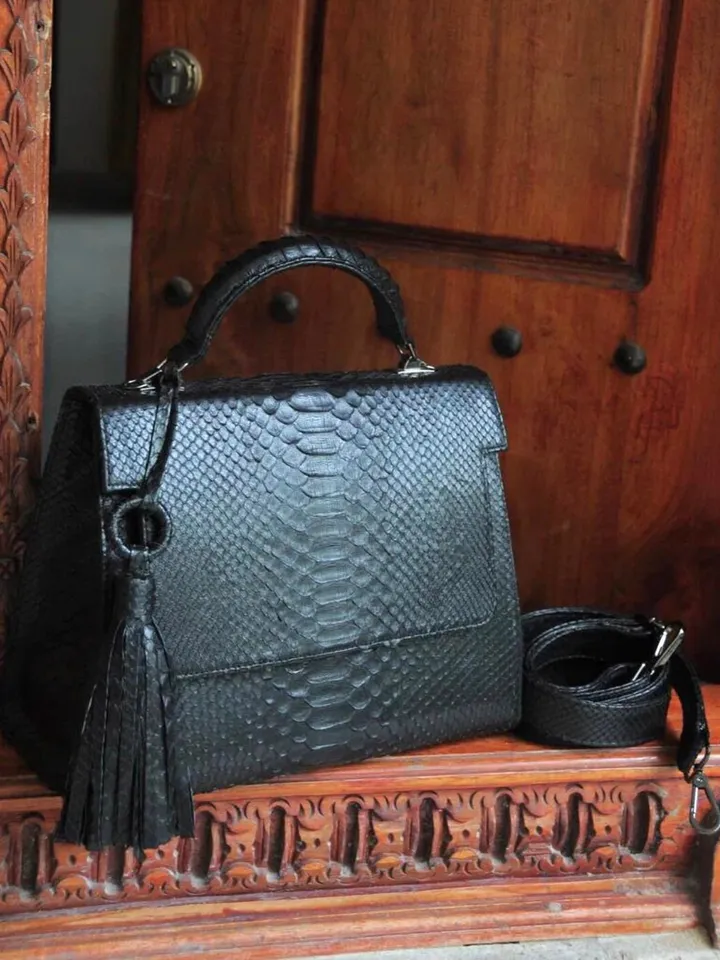 Top handle black classy genuine python skin big bag | exotic leather bags | Elegant women purse | snake skin bag | designer leather bag