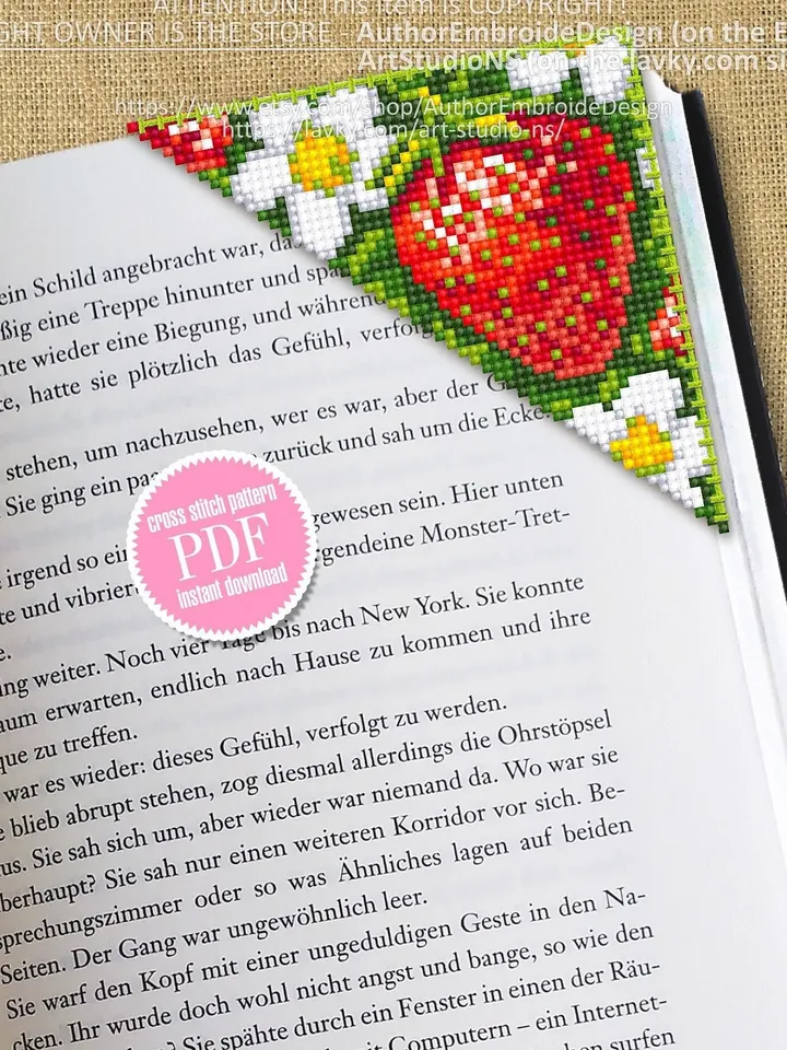 Corner bookmark cross stitch pattern PDF download Red berries cross stitch chart, Strawberry cross stitch, Digital bookmark fruit #B185