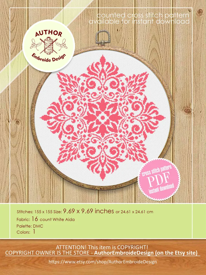 Flower mandala cross stitch pattern PDF download Monochrome cross stitch chart, Simple mandala pattern digital PDF, Mandala ornament #M258