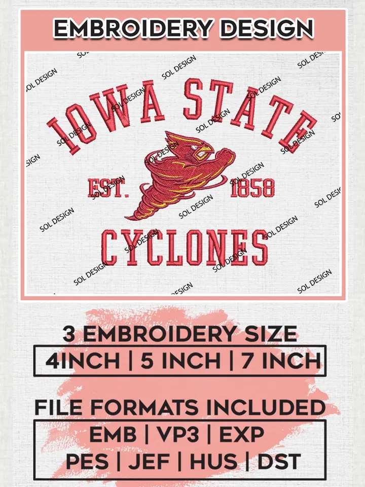 Iowa State Cyclones Est 1858 Logo Embroidery Designs, NCAA Iowa State Cyclones Team Embroidery, NCAA Team Logo, 3 sizes, Machine embroidery Files, Digital Download