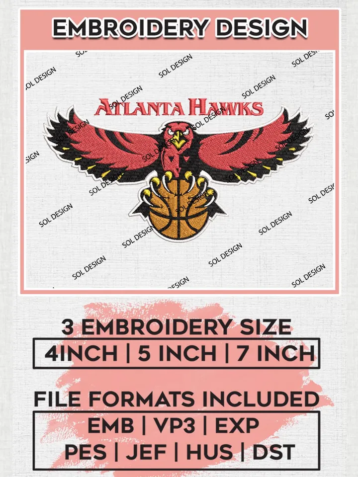 Atlanta Hawks Embroidery Designs, NBA Logo Embroidery Files, NBA Hawks, Machine Embroidery Pattern, Digital Download