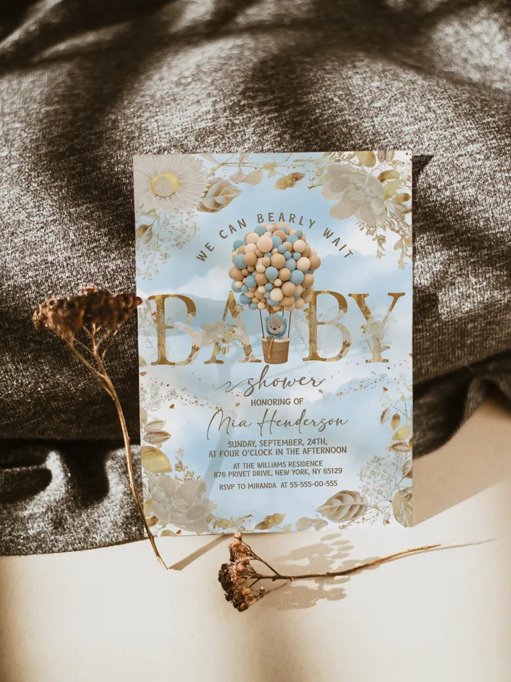 Gender Neutral Teddy Bear hot air balloons baby shower template; We can bearly wait invitation template; teddy bear balloons baby shower