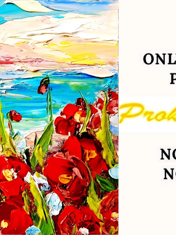 Point Reyes Painting Red Poppies Fields Impasto Art California Seascape Christmas Gifts Original Artwork Travel Gifts by ArtProkopaloSv