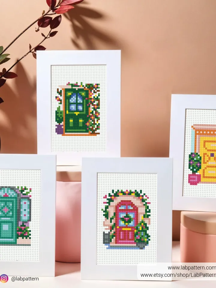 Bundle of 5 Mini Cute doors Cross stitch pattern, contemporary, Abstract, Floral, beginner, modern chart, gift DIY, embroidery, instant PDF