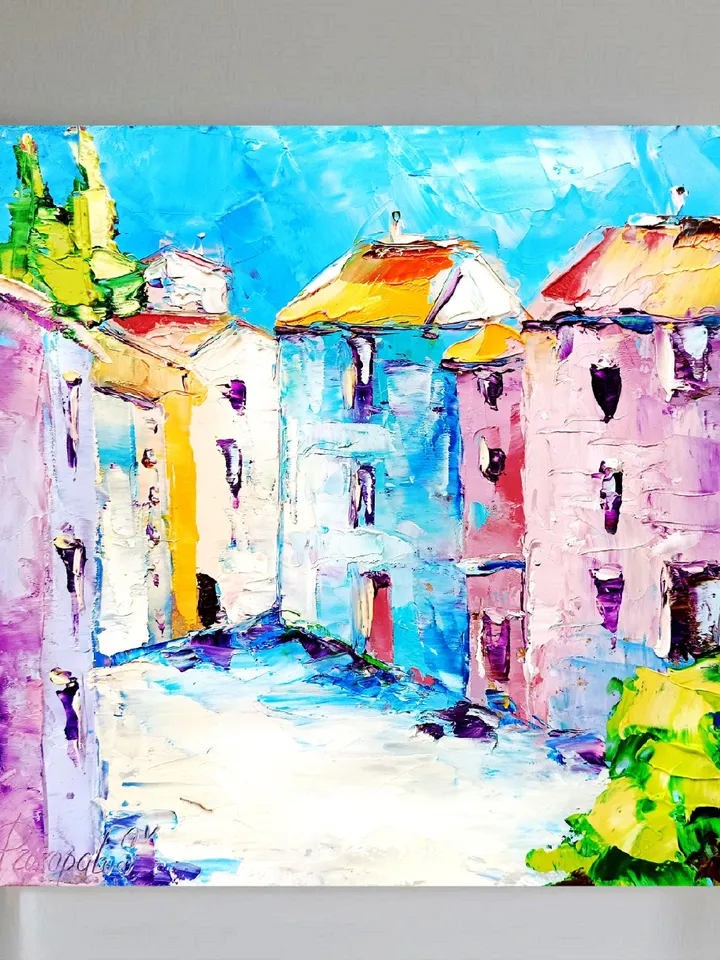 Italian Houses Oil Painting Cinque Terre Cityscape Original Art Italy Wall Art Decor Travel Gifts 8 x 8 by ArtProkopaloSv