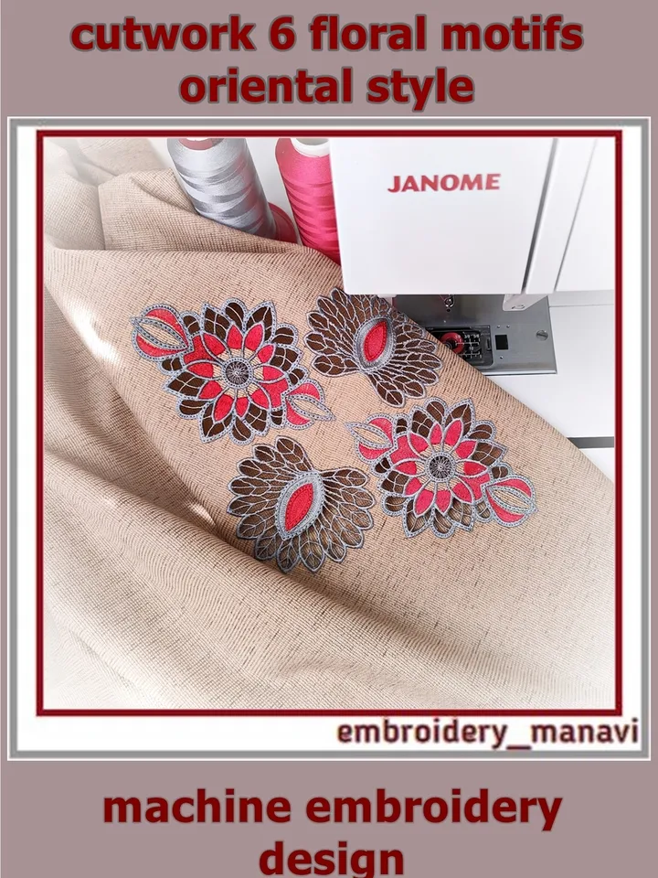 In the hoop Cutwork oriental style flowers, set of 6 elements Machine Embroidery Designs