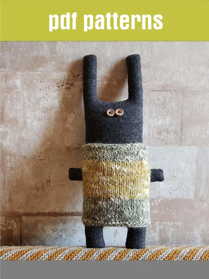 Big Black rabbit in sweater, sewing and knitting patterns PDF, digital tutorial, diy stuffed animal